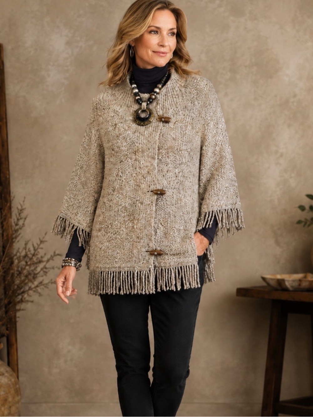 Ruby Rd  L Boho Poncho Cardigan Oatmeal Fringe Toggle Lagenlook Sweater VINTAGE - Picture 3 of 14